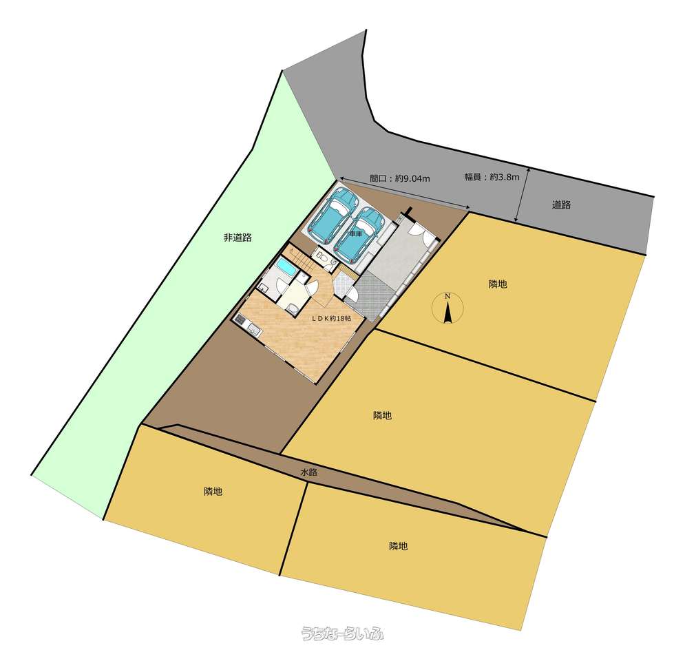 区画図 : 【現況】区画図です。水路部分も敷地となります。