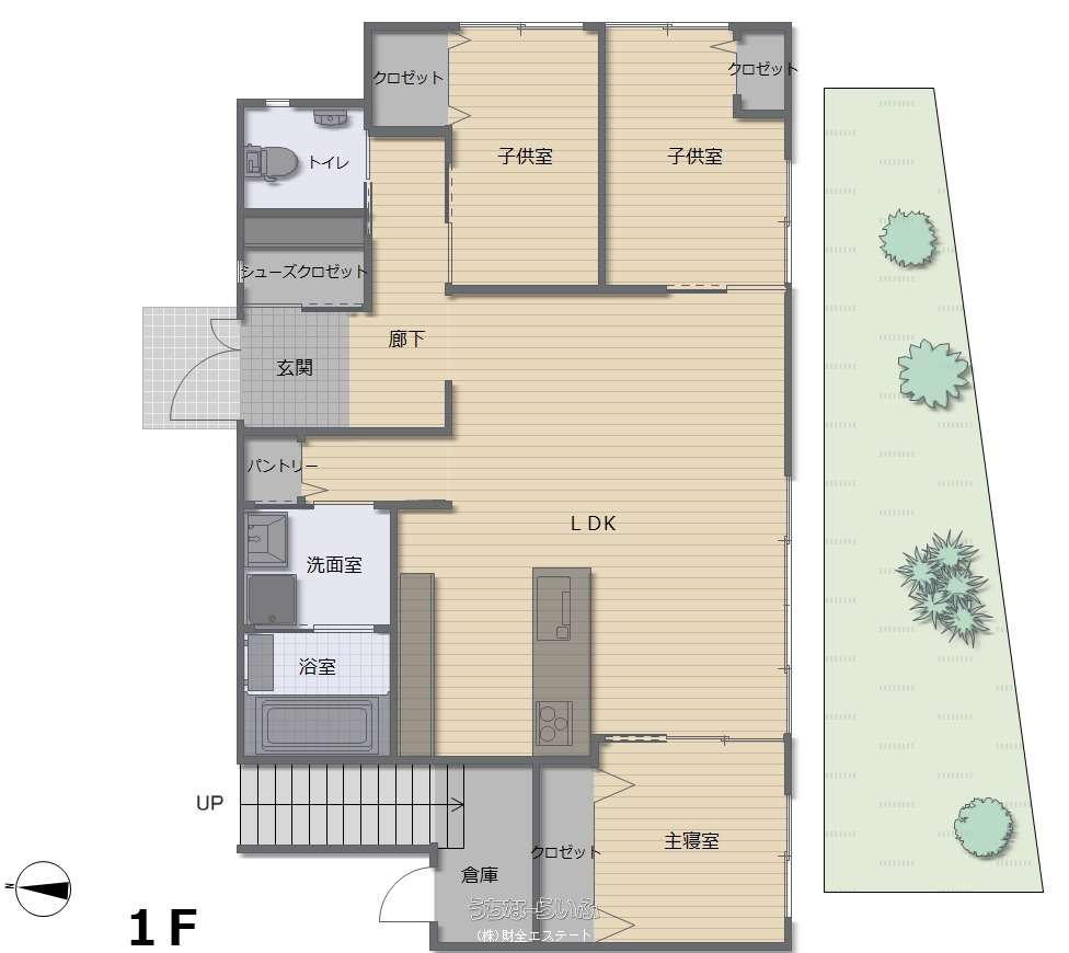１Ｆ住居間取 南側は芝生と植栽があります