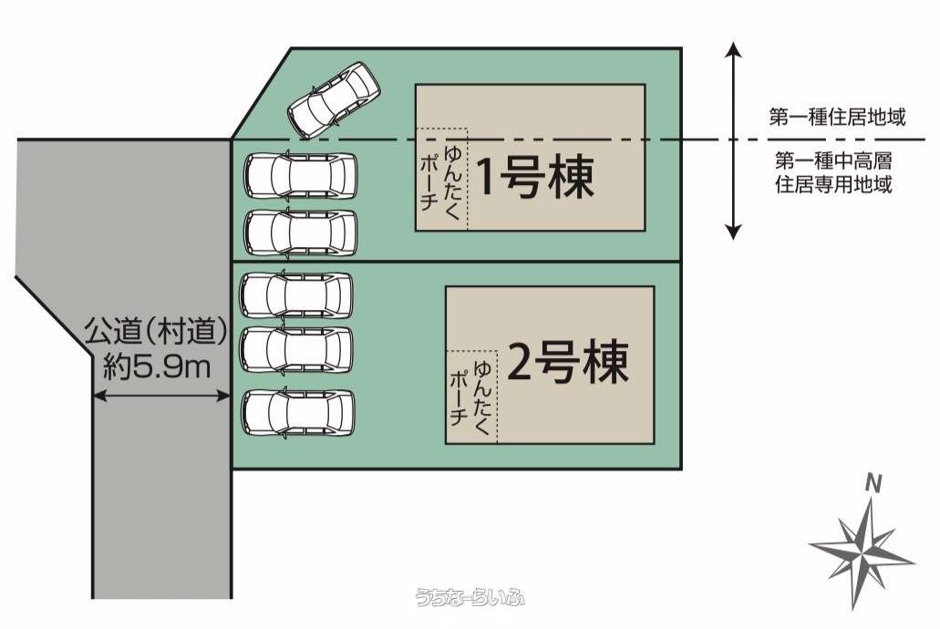 区画図 : 1号棟/全2棟（駐車3台可能）